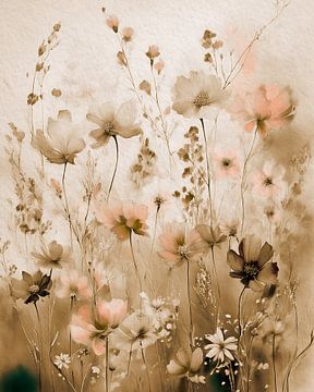 Wilde Bloemenveld in sepia met zalmroze van Studio Pieternel
