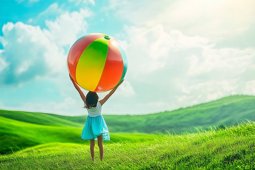 Girl and colourful beach ball by Art & Soul Creations