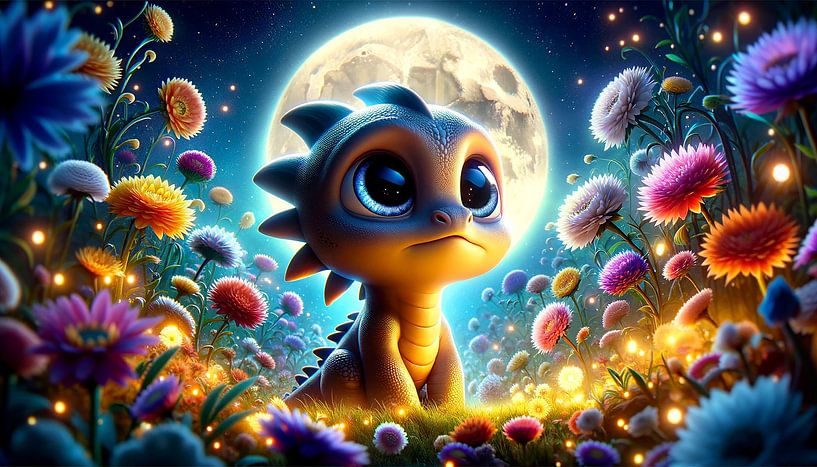 Moonlit dragon in a field of flowers at night by artefacti