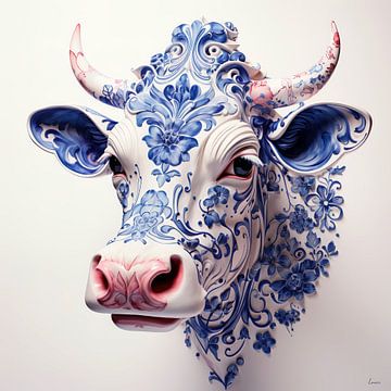 Kuh in Delfter Blau Blumen von Lauri Creates