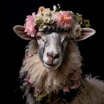 Bloemenkroon schapen in een lichtzee van Klaus Tesching - Art-AI