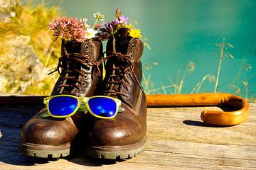 Hiking boots and walking stick by Matthias Stolt