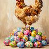 Buntes Huhn auf einem Stapel Ostereier von But First Framing