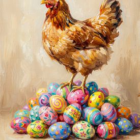 Buntes Huhn auf einem Stapel Ostereier von But First Framing