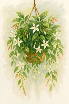 Hangplant met Toscaanse jasmijn en witte bloemen (AI) (rustig, fris, schilderij, zachte, kleuren, natuur, realistisch) van Natalie Bruns