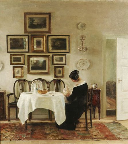 Moeder en kind in een eetkamerinterieur, Carl Holsøe