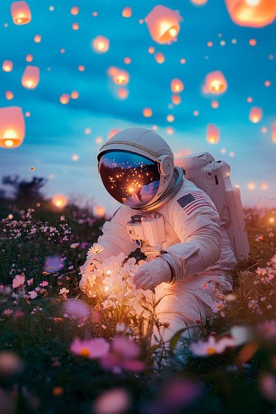 Astronaut in the flower field at night by Poster Art Shop