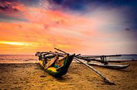 Outrigger boot op het strand bij zonsondergang in Negombo Sri Lanka