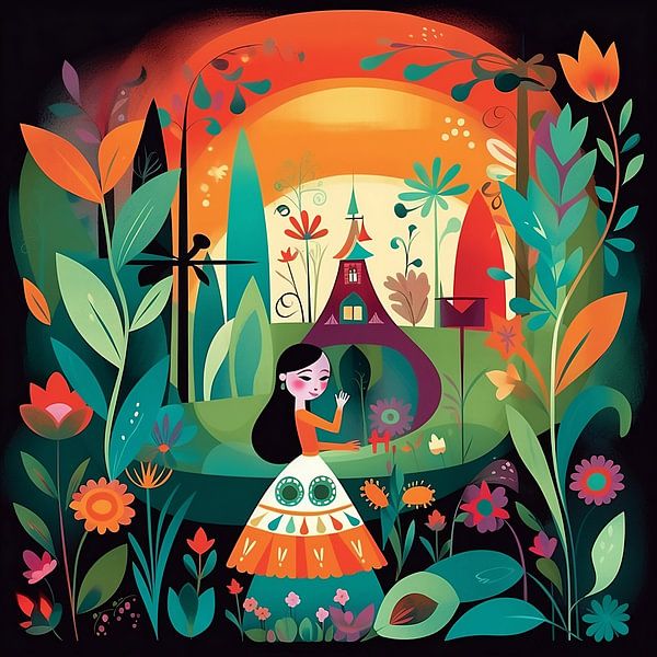 Mädchen im Wald, Herbststil Mary Blair von Jan Bechtum