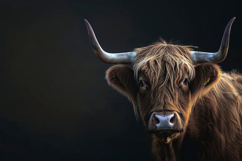 Stoere Hooglander Met Een Krachtige Blik In Diep Contrast