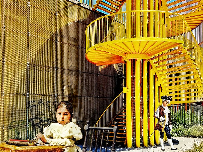 Hausaufgaben machen (Fotocollage auf der gelben Treppe) von Ruben van Gogh - smartphoneart