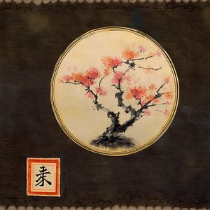 Stimmungsvolle Bonsai mit bedeutungsvoller japanischer Kalligraphie
