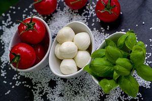 Tomatoes with fresh basil in bowls sur Tanja Riedel