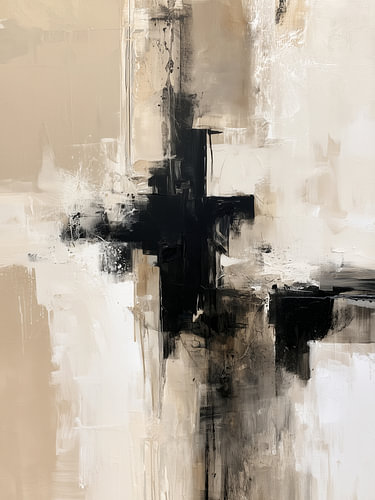Abstrakte Malerei in Beige, Schwarz und Elfenbein