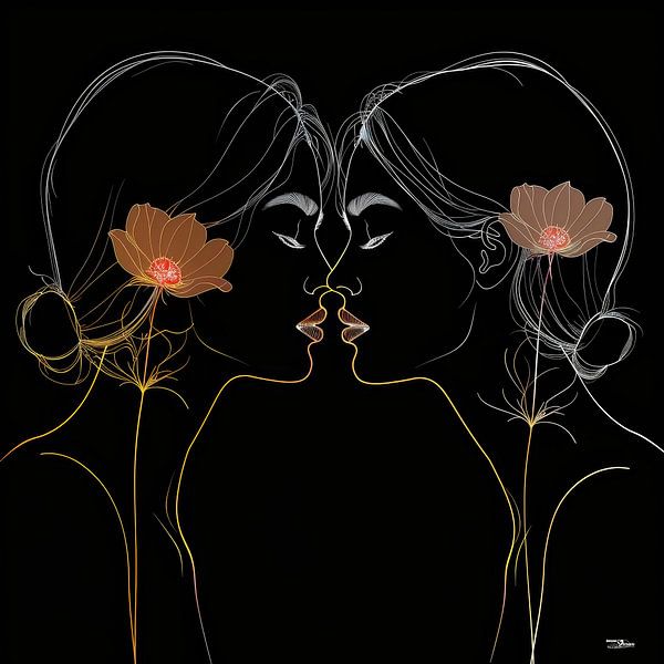 Strichzeichnung einer Frau mit einer Blume von Gelissen Artworks