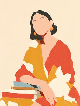 Modern Muse with Books – Minimalist Abstract Female Portrait