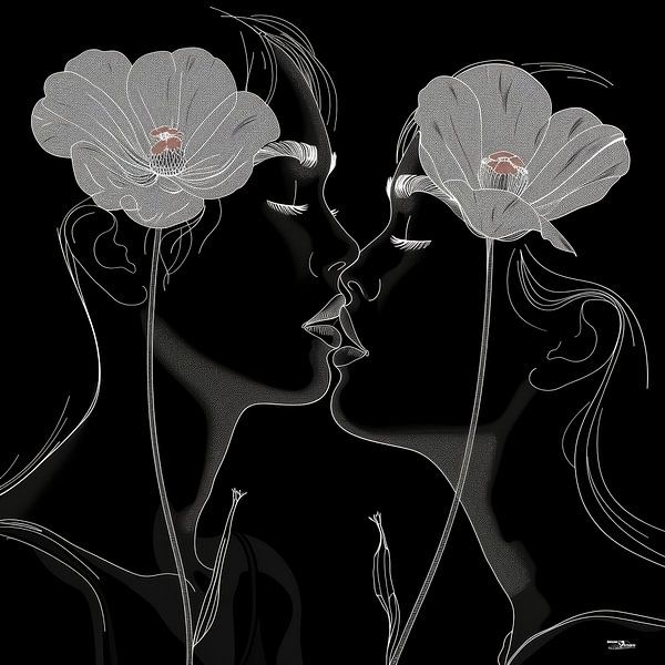 Strichzeichnung einer Frau mit einer Blume von Gelissen Artworks
