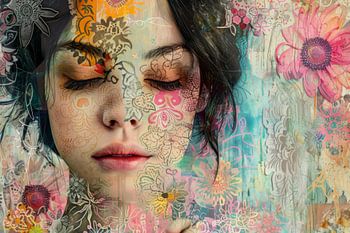 Portrait of a beautiful young woman, Collage, mixed-media