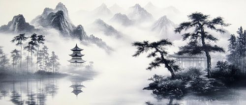 Chinees landschap in zwart-wit
