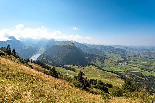 Seealpsee in the Appenzell Alps and the view of the Säntis