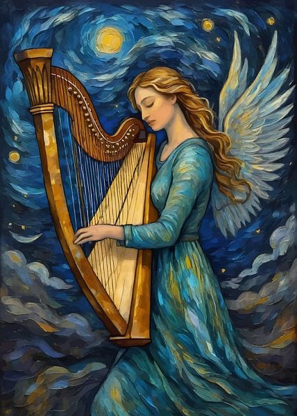 Ange féminin avec des ailes jouant de la harpe dans la nuit étoilée par MIROKKU