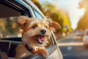 Kopf eines glücklichen Schoßhundes, der aus dem Autofenster schaut.
