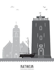 Skyline-Illustration der Stadt Katwijk schwarz-weiß-grau von Mevrouw Emmer