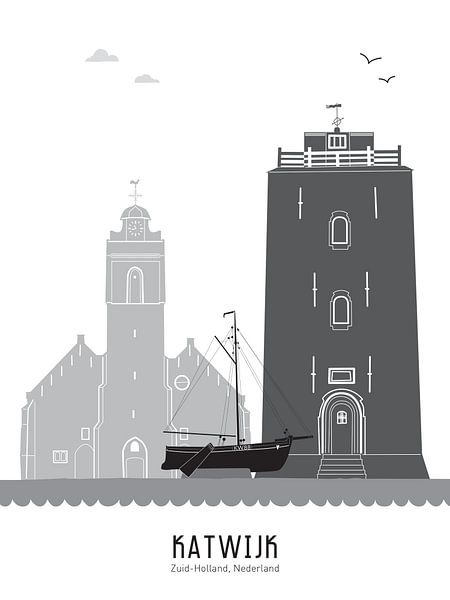 Illustration de la ligne d'horizon de la ville de Katwijk noir-blanc-gris par Mevrouw Emmer