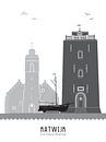 Illustration de la ligne d'horizon de la ville de Katwijk noir-blanc-gris par Mevrouw Emmer Aperçu