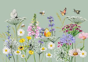 Champ de fleurs nature avec papillons et abeilles