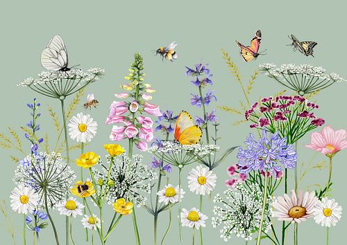 Veldbloemen natuur met vlinders en bijen van Geertje Burgers