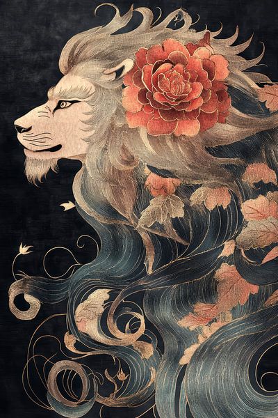 Lion head with red flower and decorative mane by Digitale Schilderijen