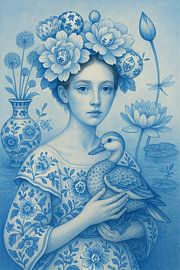 Delft Blue - Girl with duck - Delft Blue artwork by Kleurenrijk