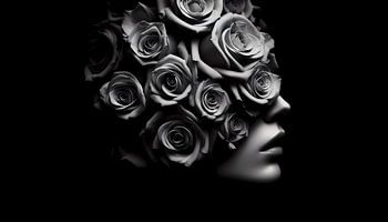 Zwart-witte vrouw met rozenkroon - Elegant kunstschilderij