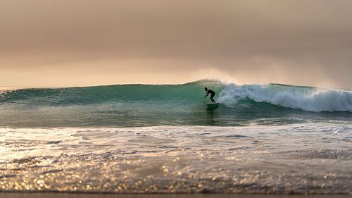 Surfers on a perfect wave at sunset