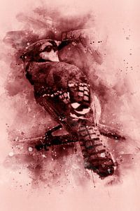 Blauhäher | Aquarell eines Vogels in Rot, Rostbraun und Rosa