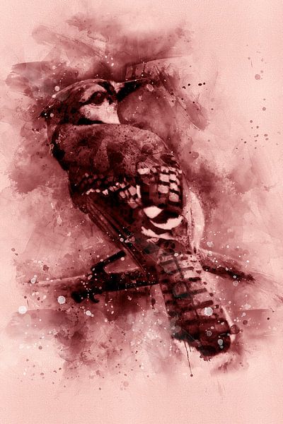 Blauhäher | Aquarell eines Vogels in Rot, Rostbraun und Rosa von MadameRuiz