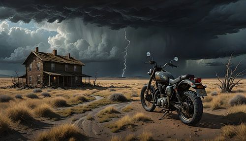 verlassene Hütte mit Motorrad