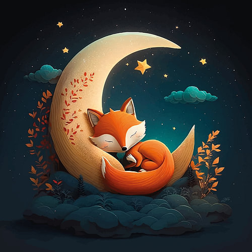 Illustration of a small fox sleeping in the moon