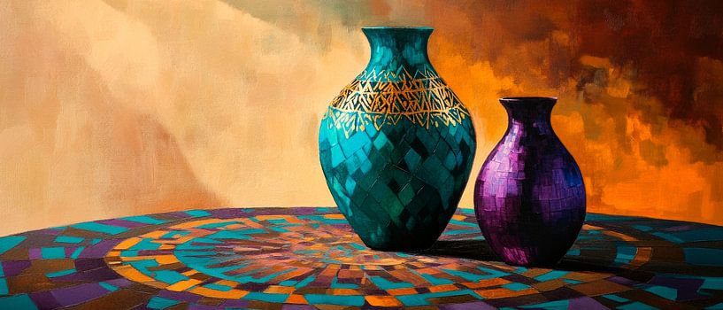 Kleurrijke vazen op een gedessineerde tafel van Poster Art Shop