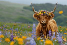 Flower crown highland cattle - Idyllic nature photography for the home by Poster Art Shop