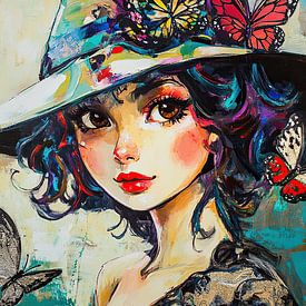 Meisje met Hoed | Vrouw met Hoed en Vlinders van Blikvanger Schilderijen