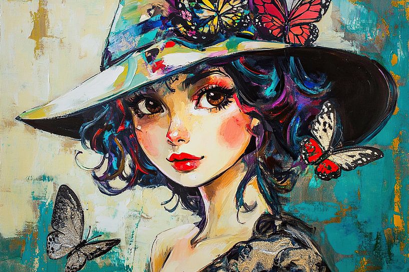 Fille avec chapeau | Femme avec chapeau et papillons par Peintures accrocheuses