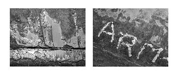 Diptychon von zwei Rostfotos aus einem Hafen. Auf der linken Seite ein Rohr mit verwitterter, rostiger Struktur und auf der rechten Seite die Buchstaben ARM, die eine Hafenstadt darstellen. von Alice Berkien-van Mil