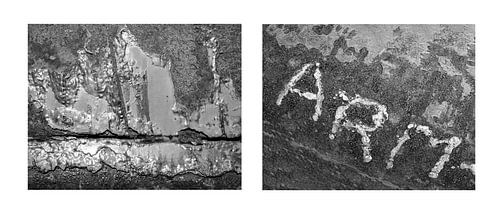 Diptych van twee roestfoto's uit een haven. Links een buis met verweerde, roestige structuur en rechts de letters ARM die staan voor een havenplaats. van Alice Berkien-van Mil