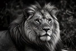 Schwarz-Weiß-Foto eines mächtigen Löwen von Art & Soul Creations