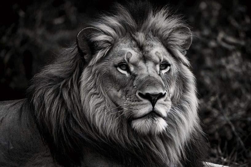 Photo en noir et blanc d'un lion puissant par Art & Soul Creations
