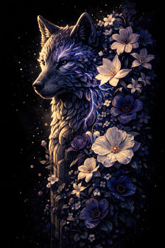 Aufwendige Blumen- und Wolfsstickerei – Kunstwerk mit dem Krafttier in Lila und Blau