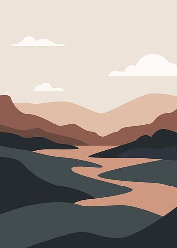Illustration vectorielle minimaliste représentant des vallées fluviales sinueuses et des silhouettes de montagnes en couches, dans des tons ocres discrets.