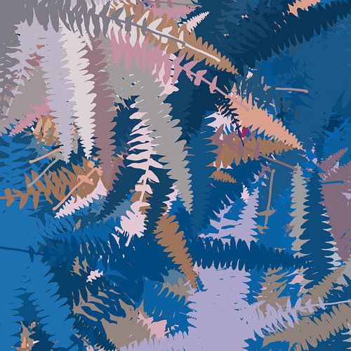 Kleurrijke abstracte botanische kunst. Varens in blauw, roze, lila.